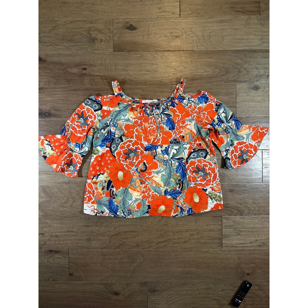 Peter Nygard Floral Cold Shoulder Blouse Orange Blue Bell Sleeve Top Womens XL